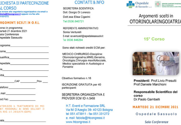 21 DICEMBRE – 15°CORSO – ARGOMENTI SCELTI IN OTORINOLARINGOIATRIA