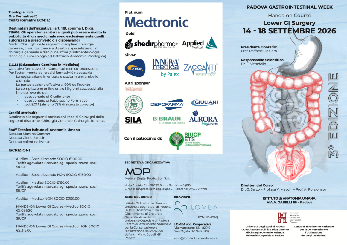 14-18 settembre 2026, Padova – Padova Gastrointestinal Week: Hands-on Course di Lower GI Surgery, 3ª edizione