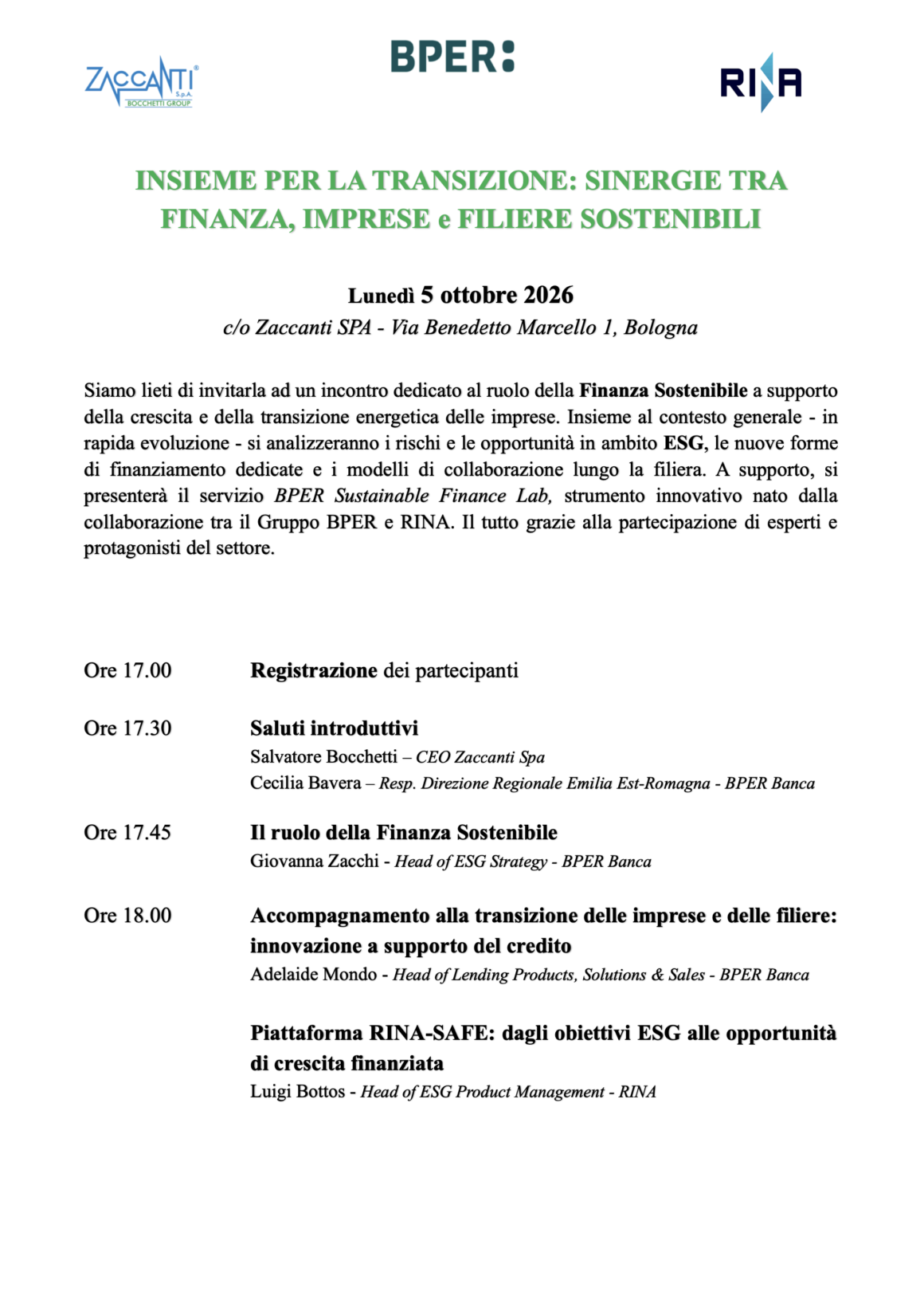 Insieme per la transizione: sinergie tra finanza, imprese e filiere sostenibili – Lunedì 5 ottobre 2026, Bologna
